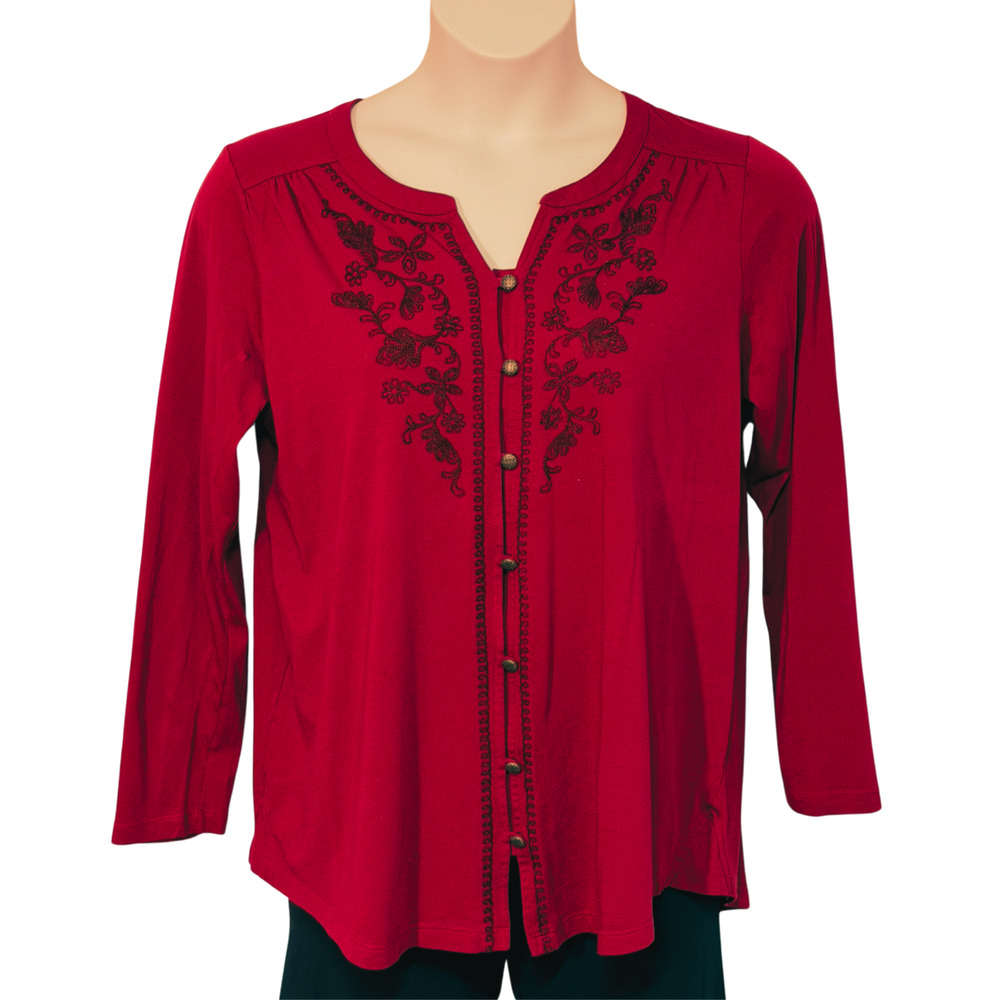J. Jill Sz L Red V-Neck Tunic Top Button Front Boho Embroidery Cotton Blend Knit